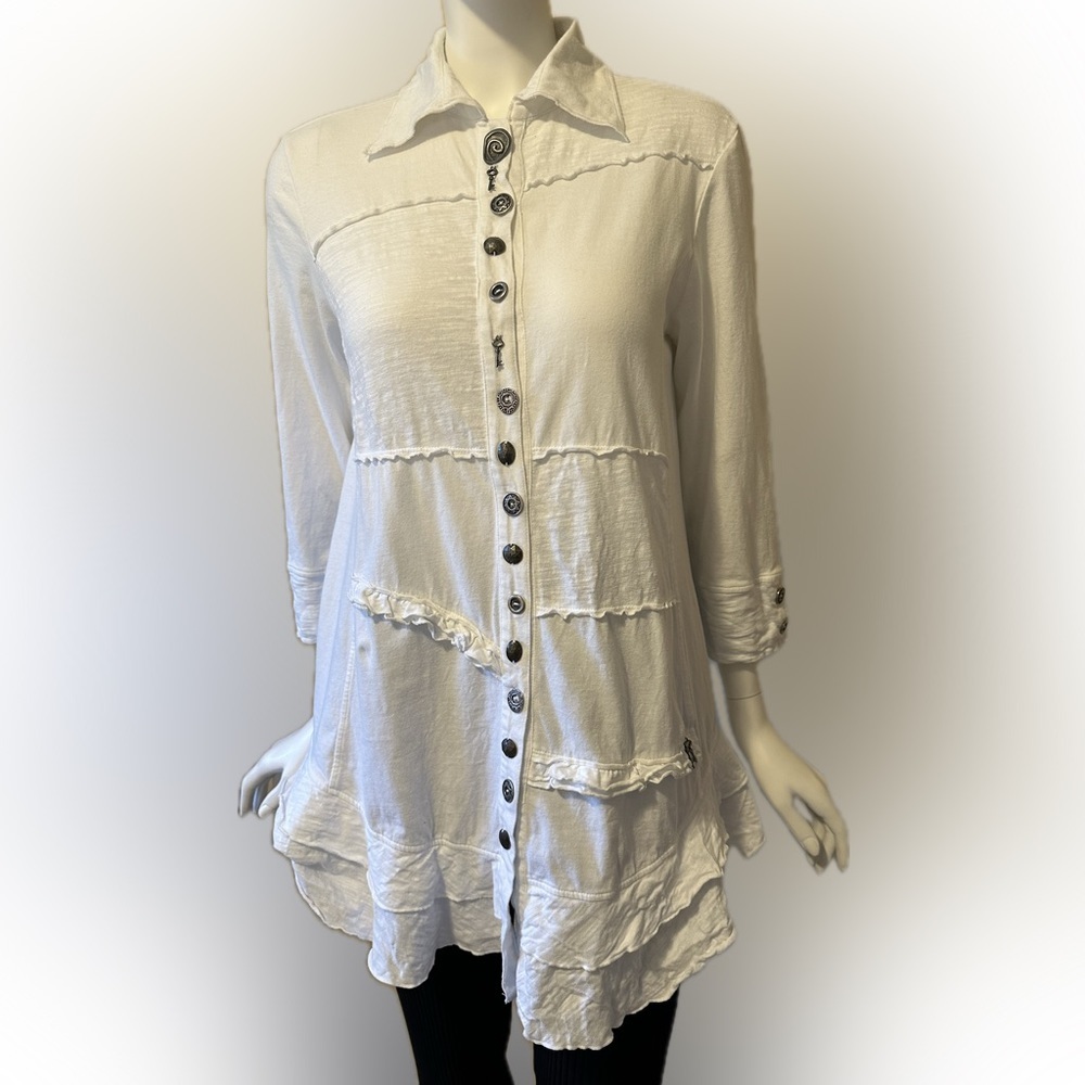 Patchington Sojourn Knit Tunic Top Artsyโ Buttons Patchwork Boho White - S